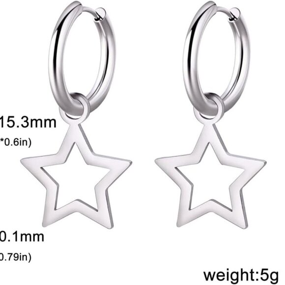 Minimalist Star Dangle Hoop Earrings for Women - Hypoallergenic Stainless Steel, - Picture 2 of 6
